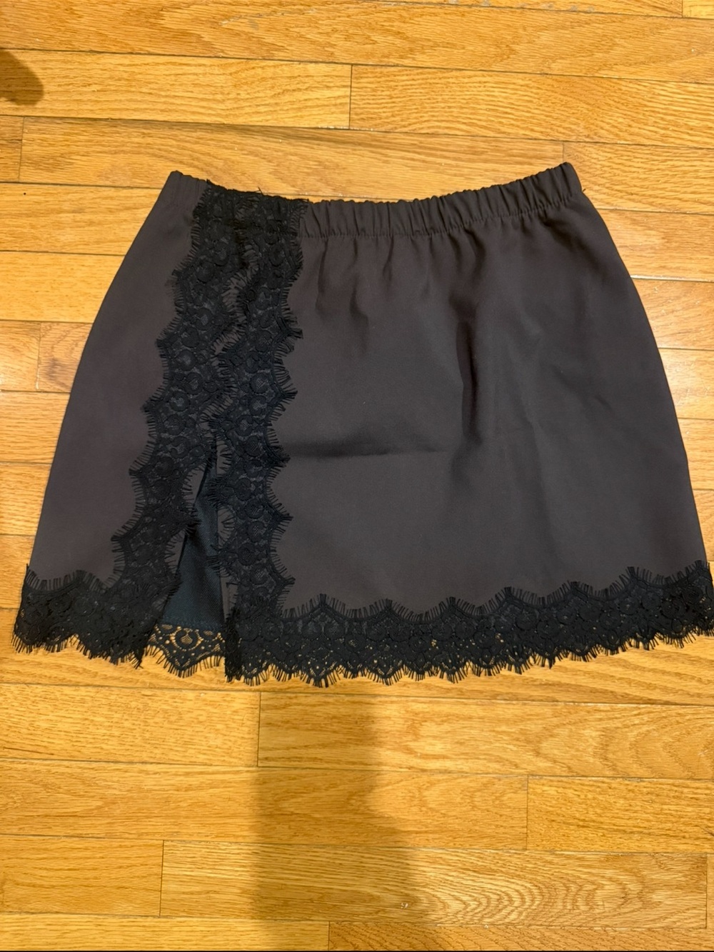 Brown Mini Skirt with Black Lace Trim